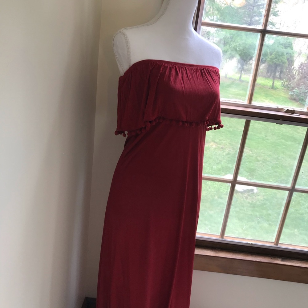 Burnt Orange Strapless Maxi Dress Pom Pom Trim Boho Size 4 - Picture 3 of 6